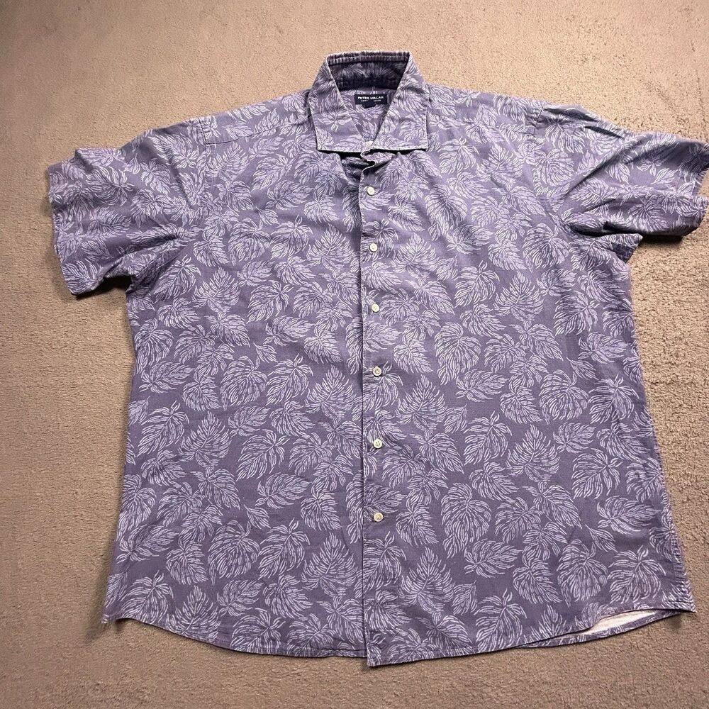 Peter Millar Crown Crafted Shirt Mens XL Blue Floral Leaf Short Sleeve Button Up